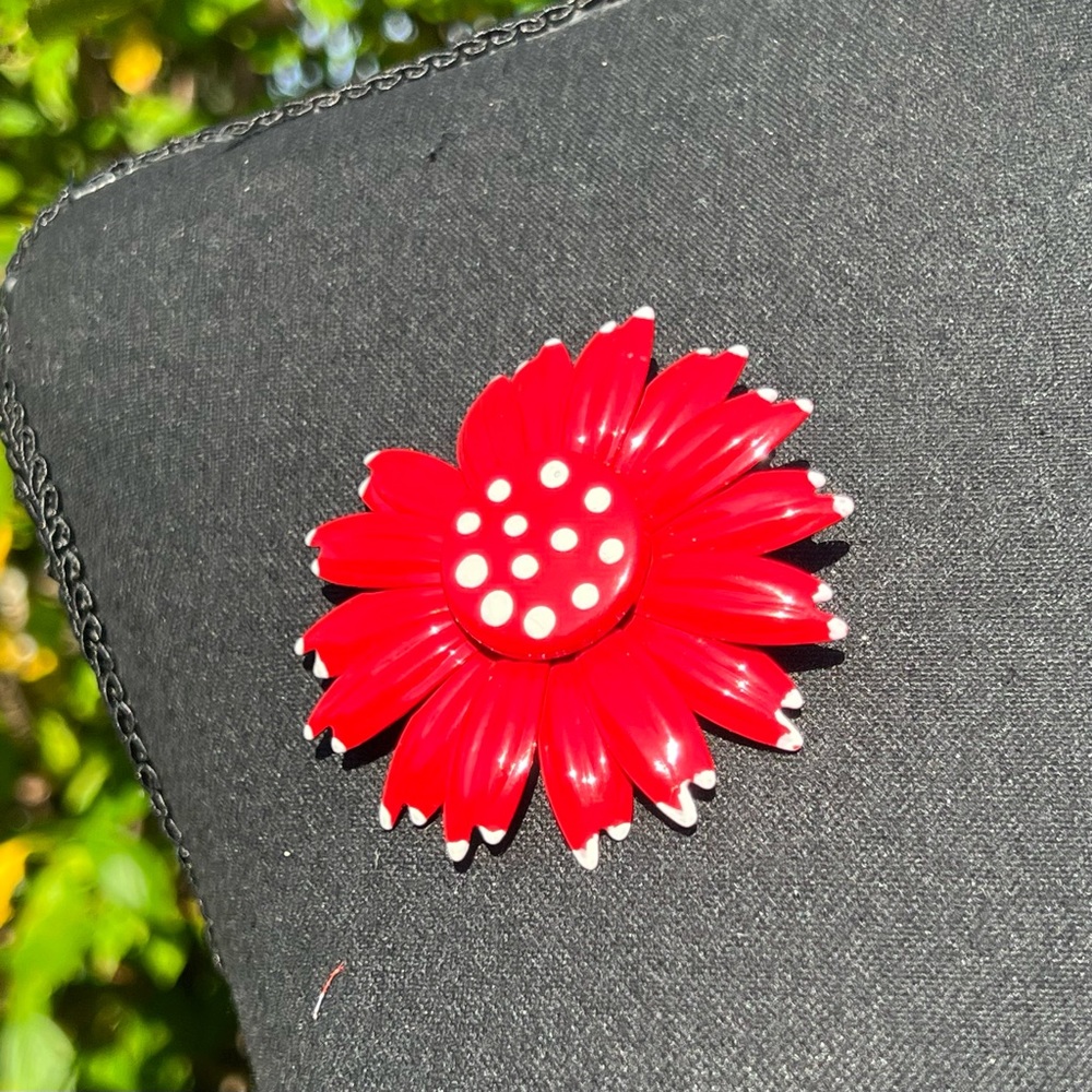 & Vintage Red Polka Dot Flower Brooch